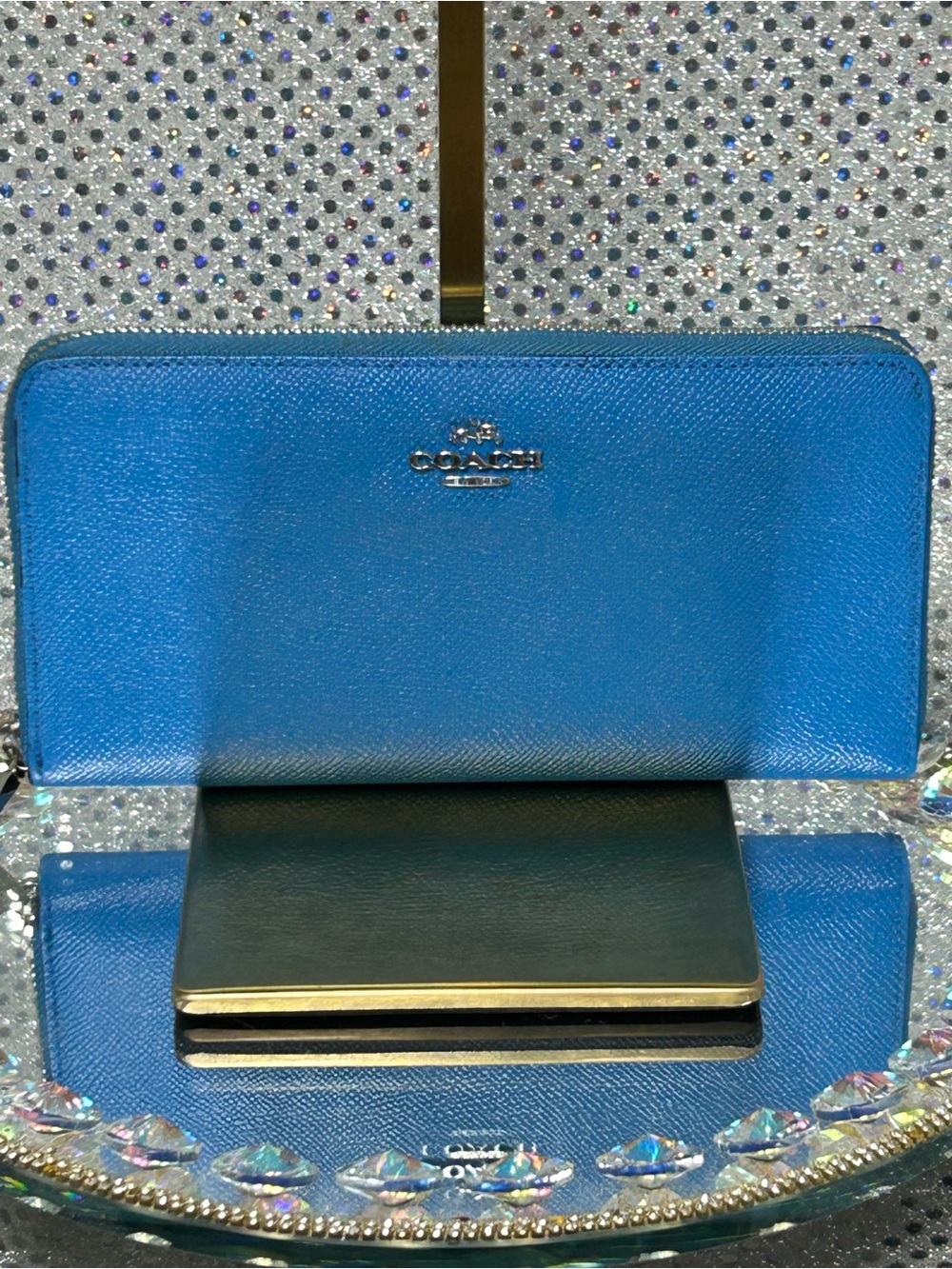 Coach Bright Blue Zip-Around Leather Wallet Approximately 8 x 4